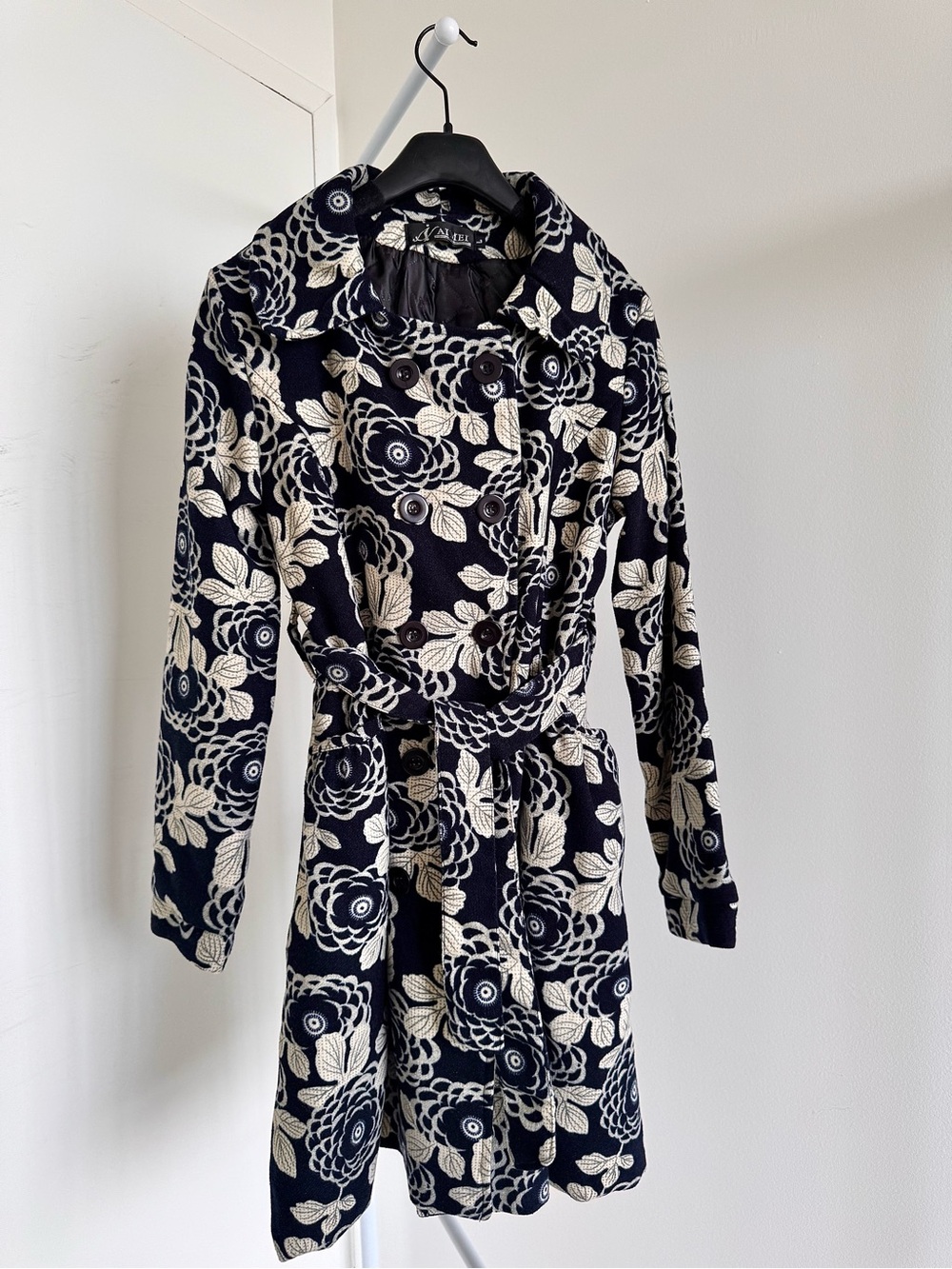 Vintage Graphic Floral Double Breasted Trench Navy and Cream Retro Coat